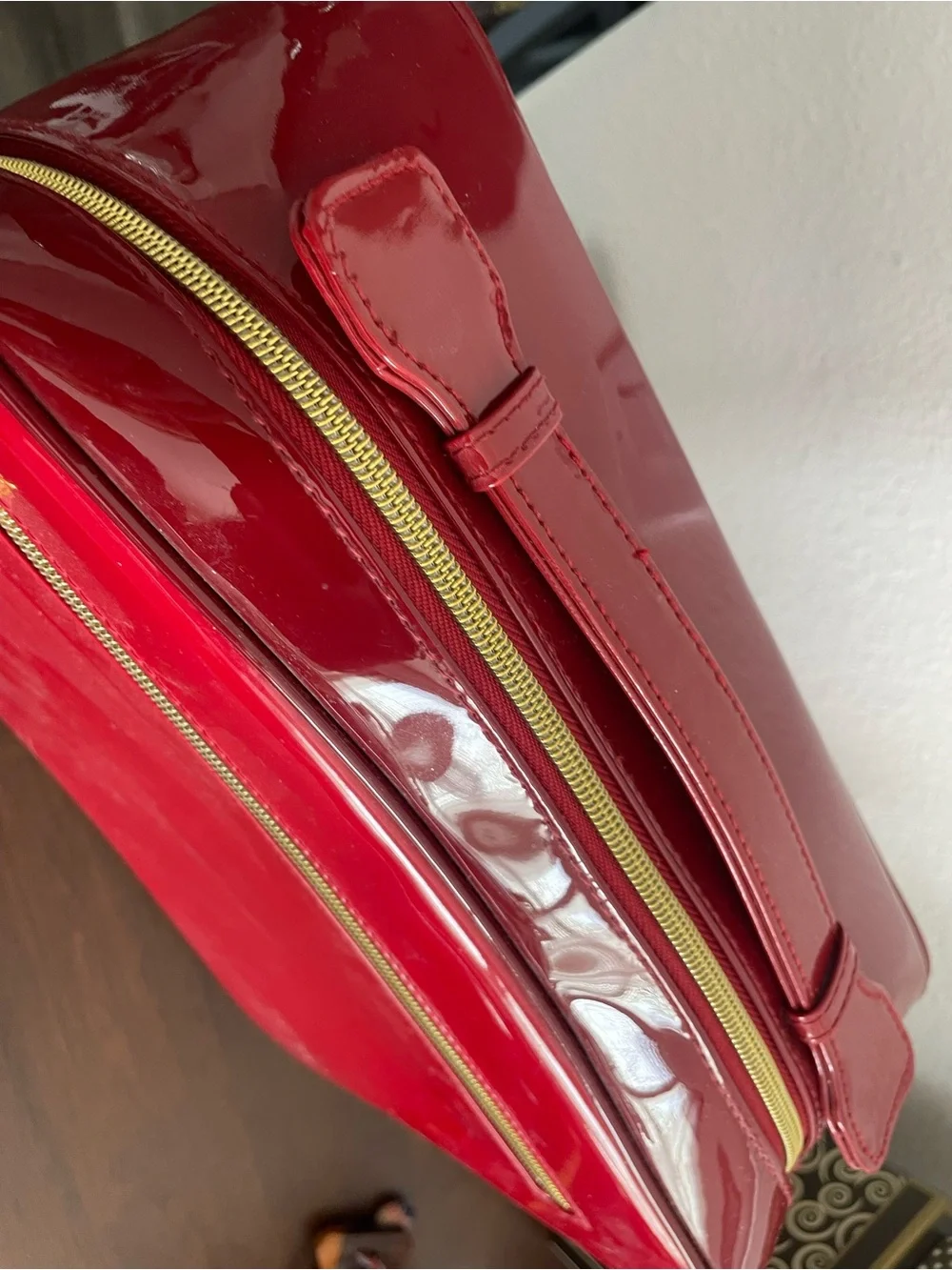 Estee Lauder Glossy Red Patent Cosmetic Case with Gold Accents